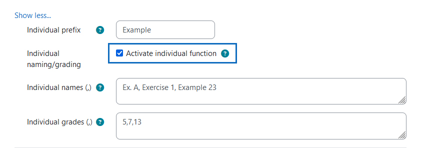 Screenshot: activate individual function and enter individual example names and grades