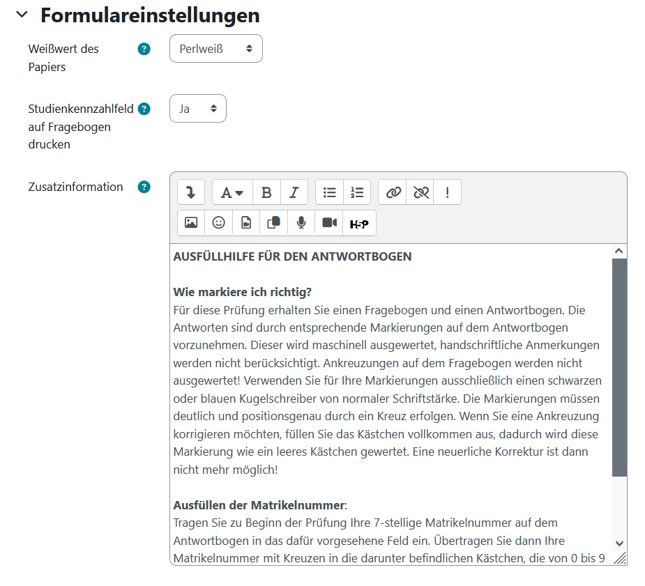 Screenshot: Formulareinstellungen - Zusatzinformationen