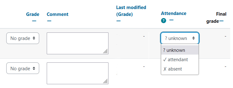 Screenshot: recording attendance in the quick grading mode
