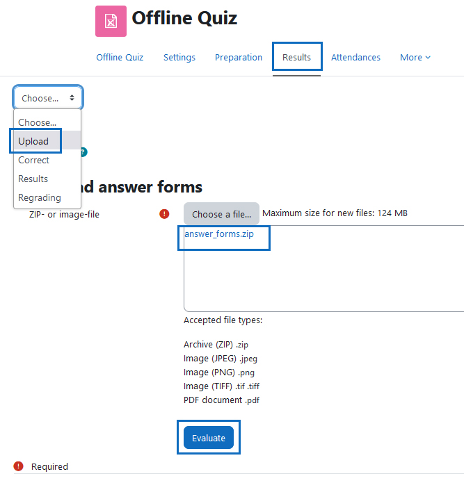 Screenshot: upload of the scanned answer forms