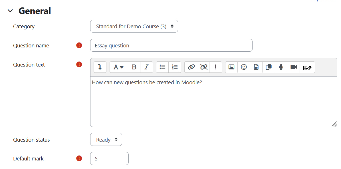 Screenshot: general question settings using the example of an essay question