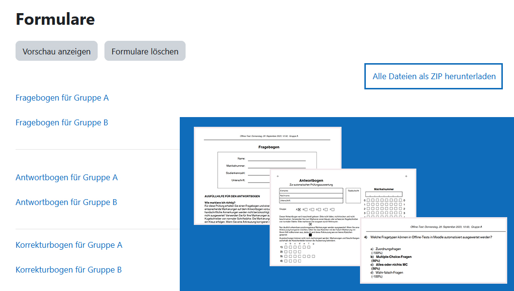 Screenshot: Downloadlinks für die Formulare und Demobilder für Frage-, Antwort- und Korrekturbogen