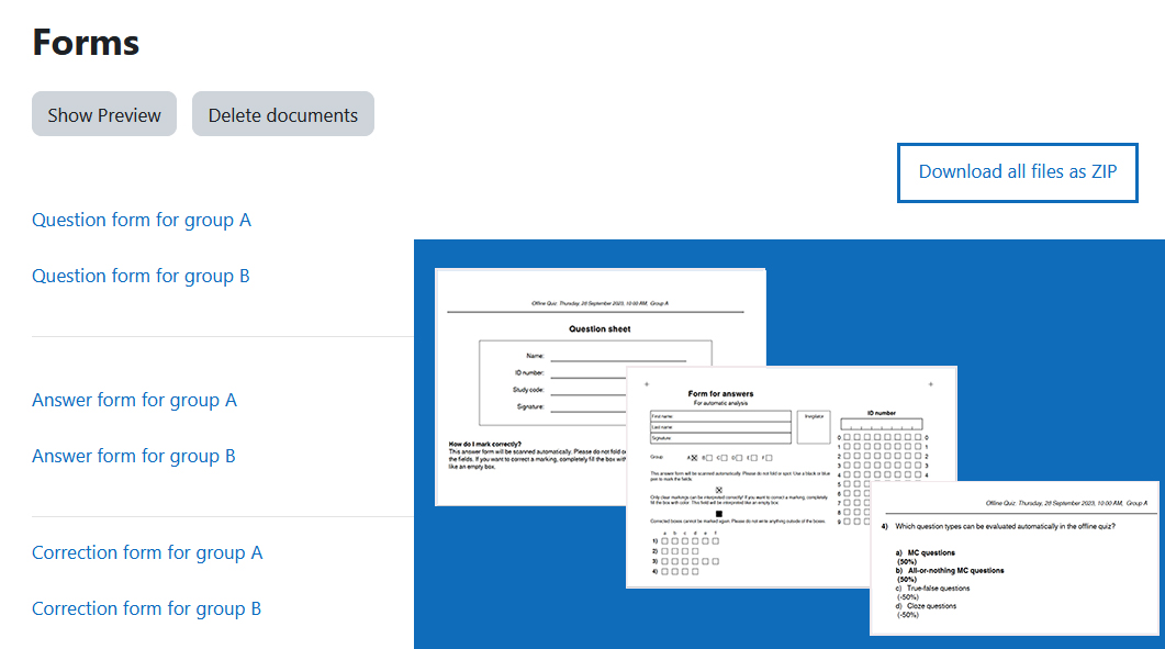 Screenshot: download links for forms and demo pictures of question, answer and correction form