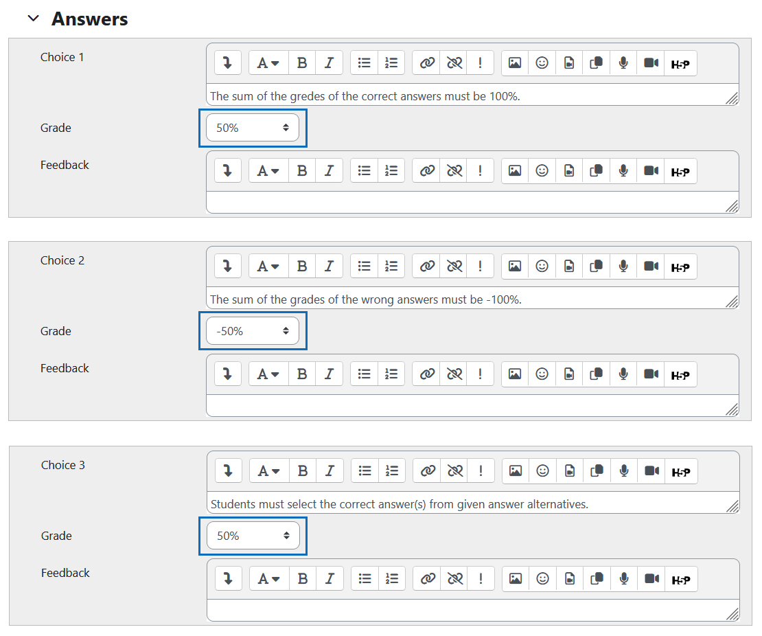 Screenshot: enter answer alternatives and their grades