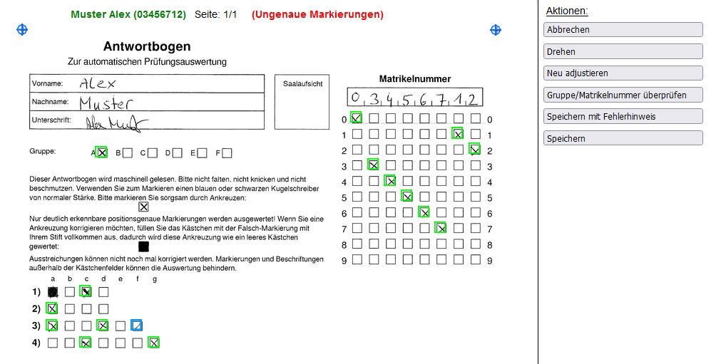Screenshot: eingescannter Antwortbogen mit Markierungen der erkannten und nicht eindeutigen Ankreuzungen
