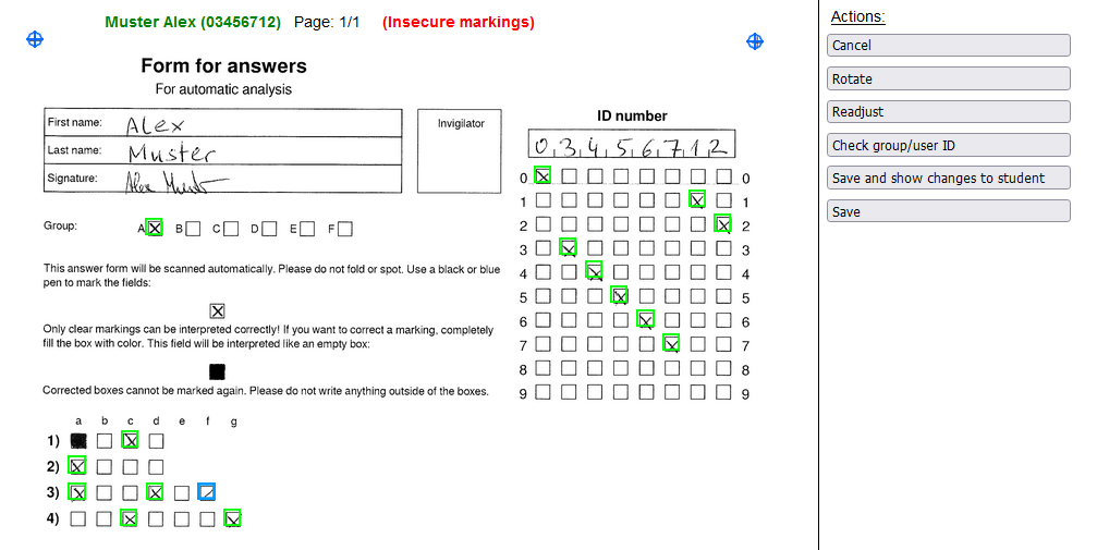 Screenshot: scanned answer sheet with markings of recognized and ambiguous checkmarks