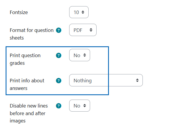 Screenshot: settings for additional hints for students