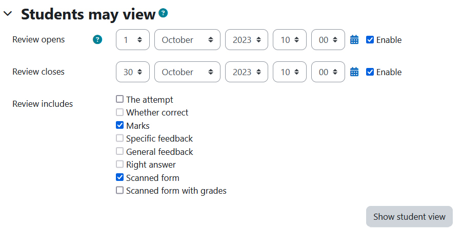 Screenshot: settings for exame review