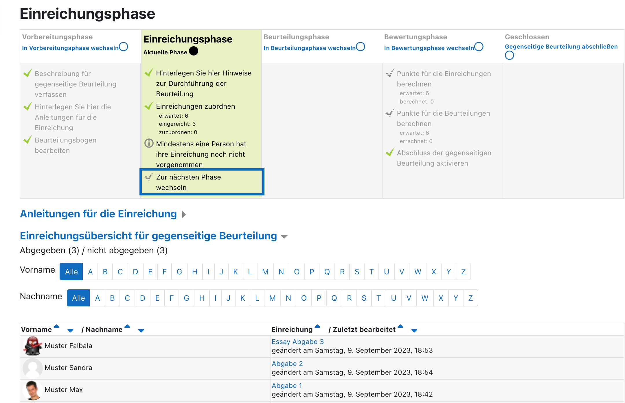 Screenshot zeigt den Wechsel zur Beurteilungsphase.