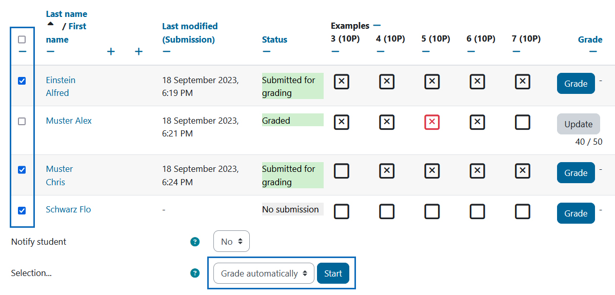Screenshot: conduct automatically grading
