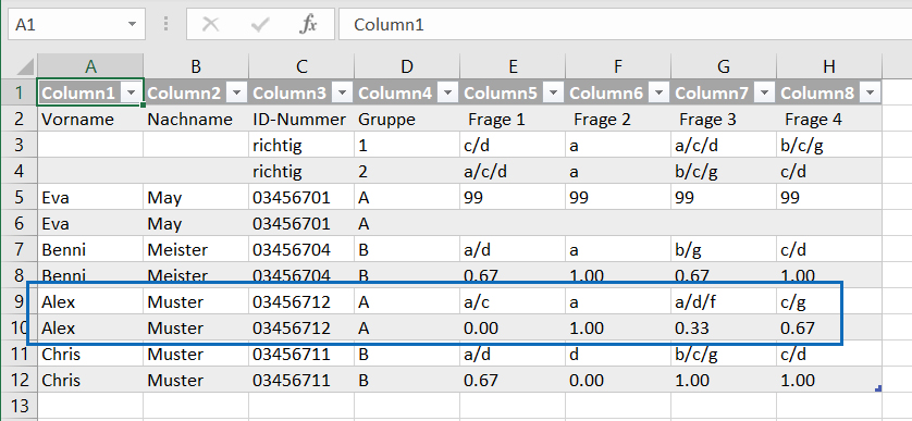Screenshot: results CSV file imported to Excel