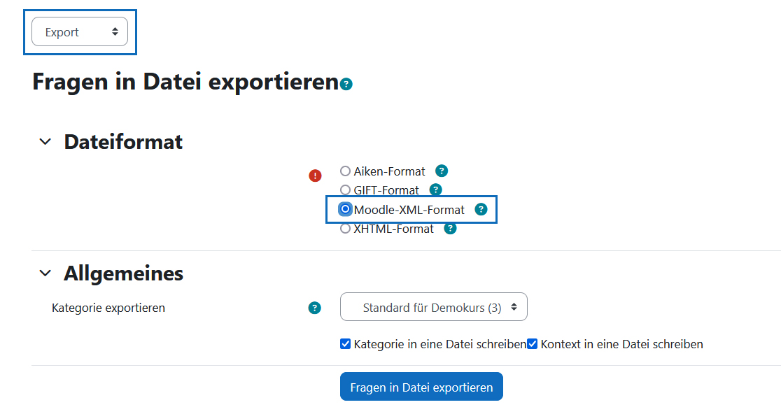 Screenshot: Fragen exportieren, Moodle-XML-Format auswählen