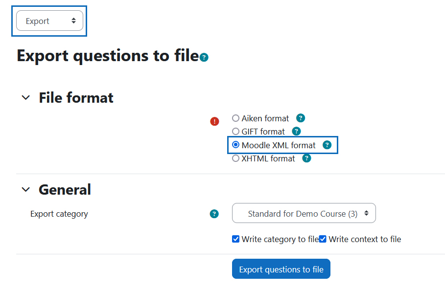 Screenshot: export questions, select Moodle XML format