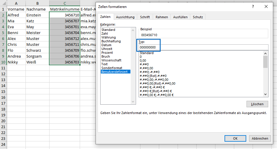 Screenshot: numerische ID-Nummern in Excel richtig für den Import in der 