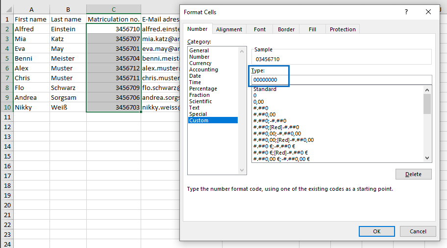 Screenshot: format numeric ID numbers in Exel correctly for the 