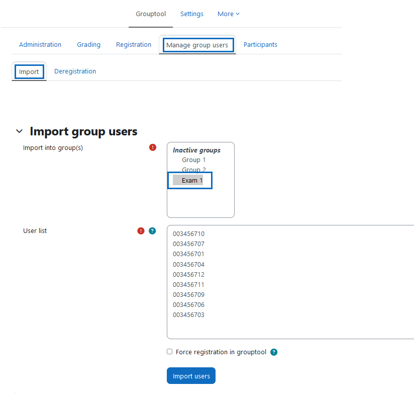 Screenshot: import multiple participants in a group in the 