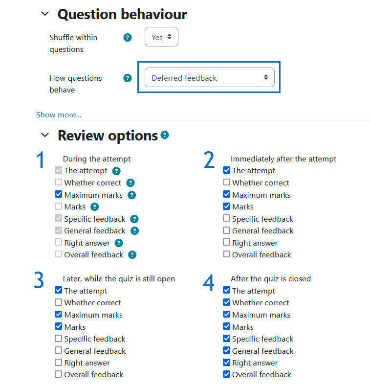 Screenshot: in the online quiz settings the different review options are visible