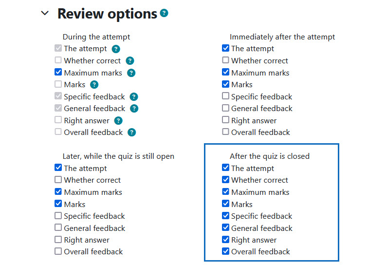 Screenshot: settings of the review options