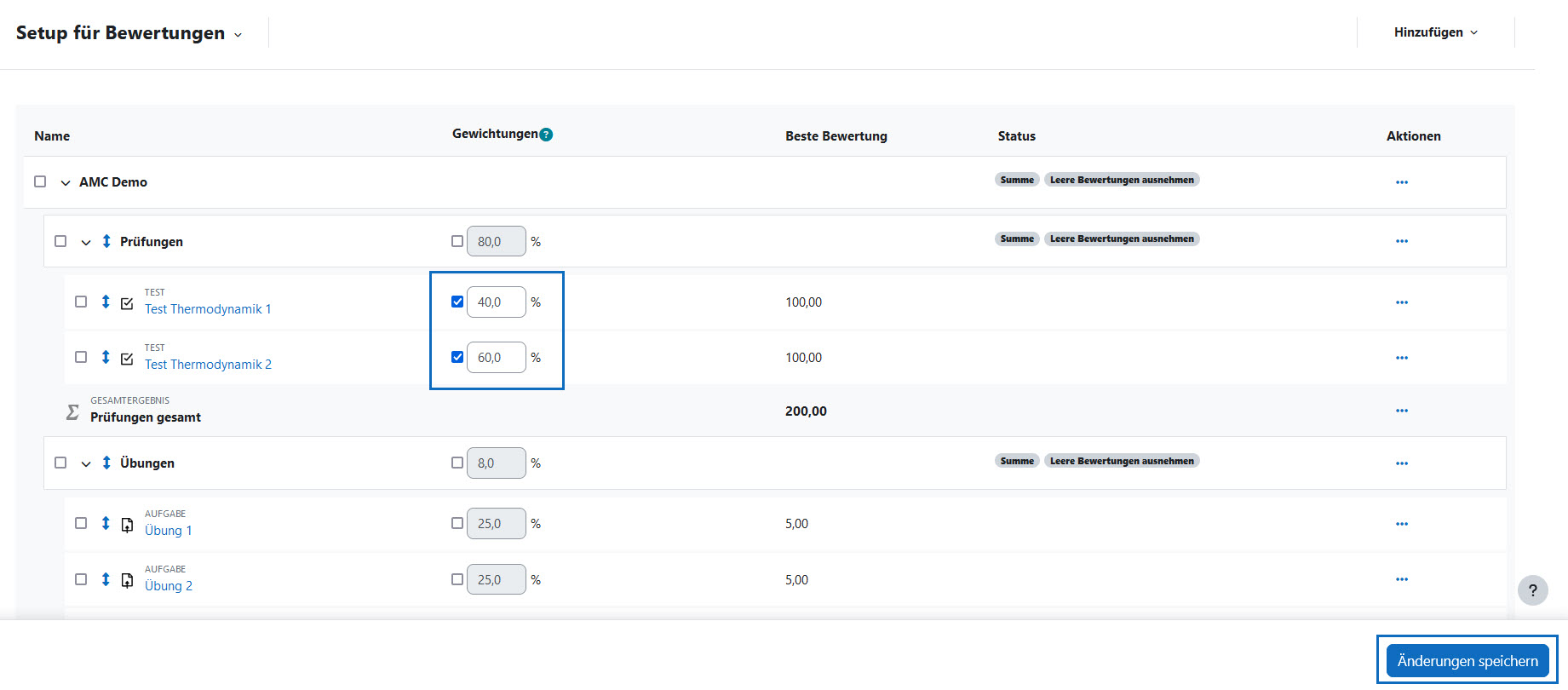 Screenshot: Wenn die Checkbox aktiviert wird, kann die Gewichtung für einzelne Bewertungselemente überschrieben werden.
