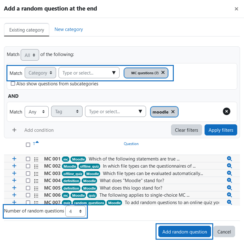 Screenshot: filter functions for category and tags & insert field for number of random questions