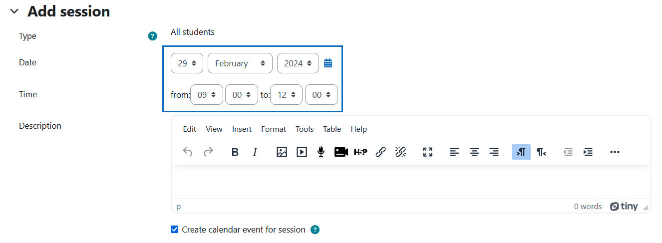 Screenshot: make settings for a new session