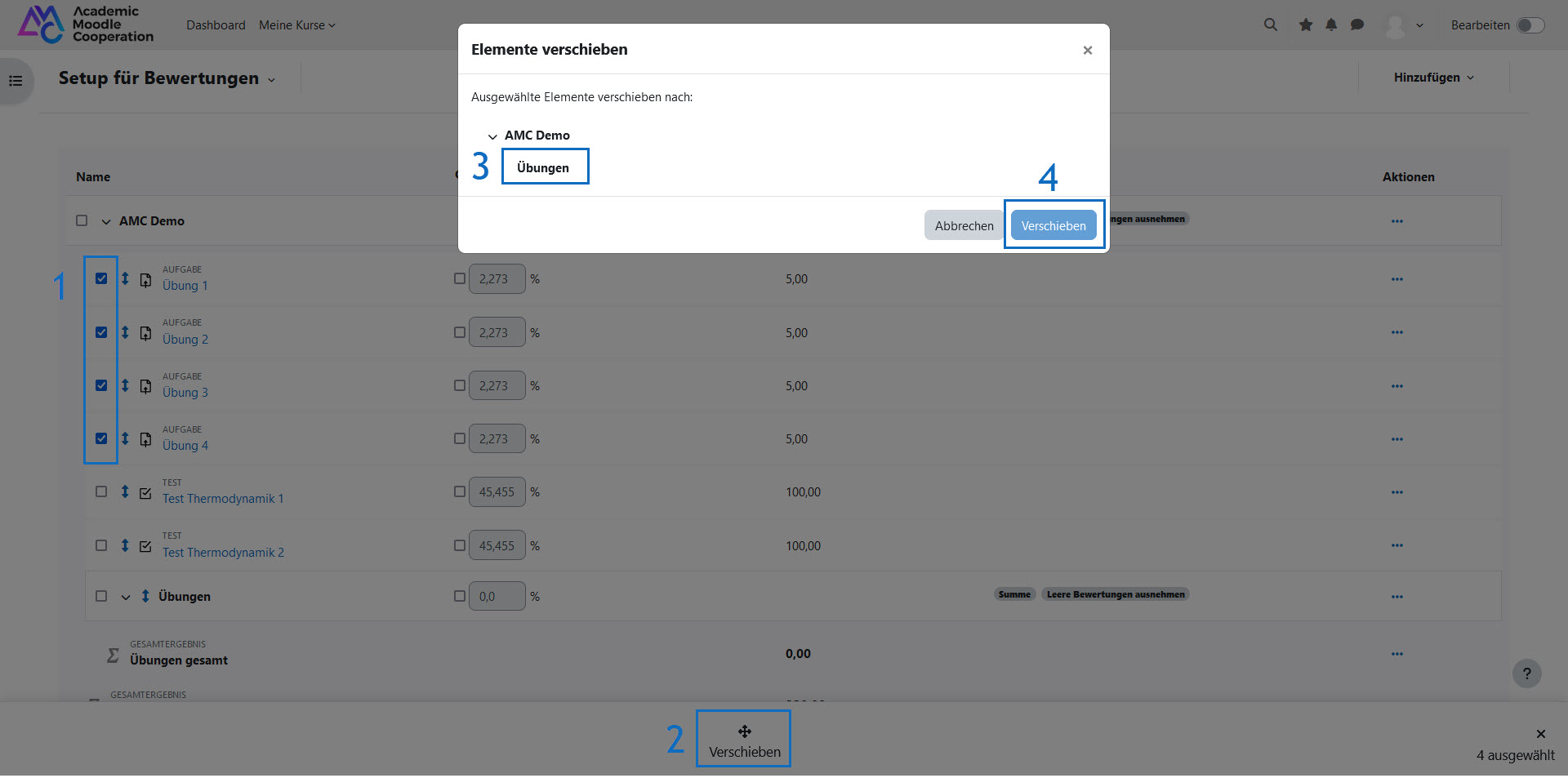 Screenshot: Bewertungselemente mittels Checkboxen verschieben