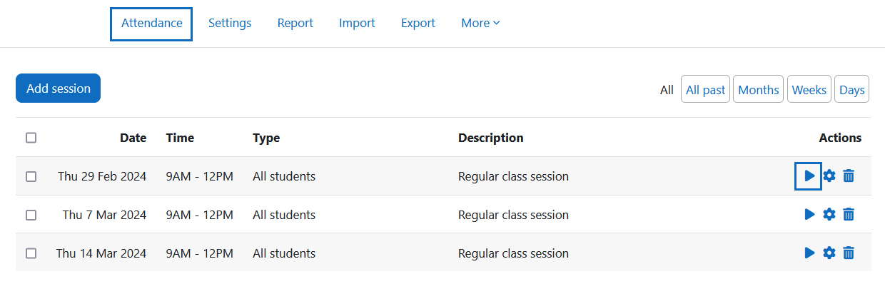 Screenshot: list of sessions with actions icons