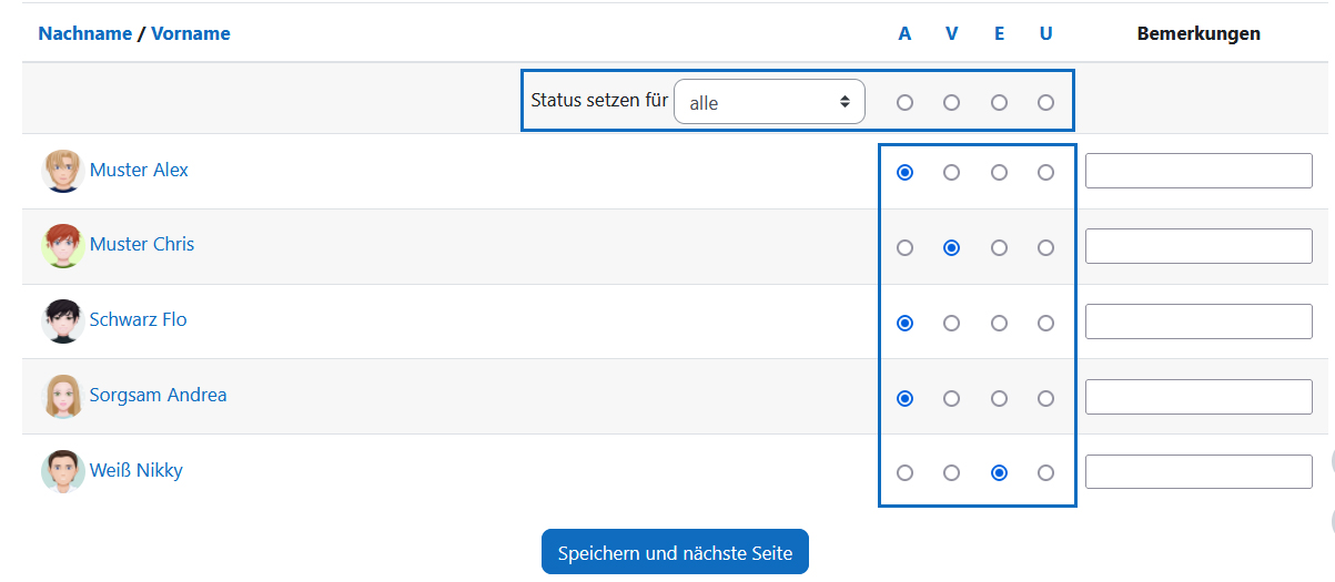 Screenshot: Studierendenliste mit erfassten Anwesenheiten