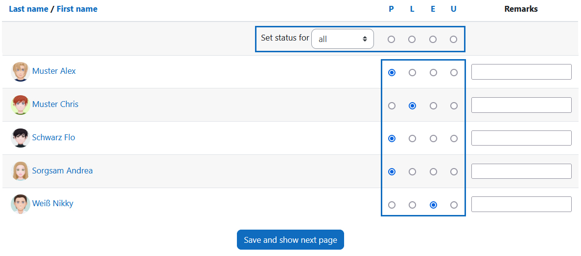 Screenshot: list of students with recorded attendance