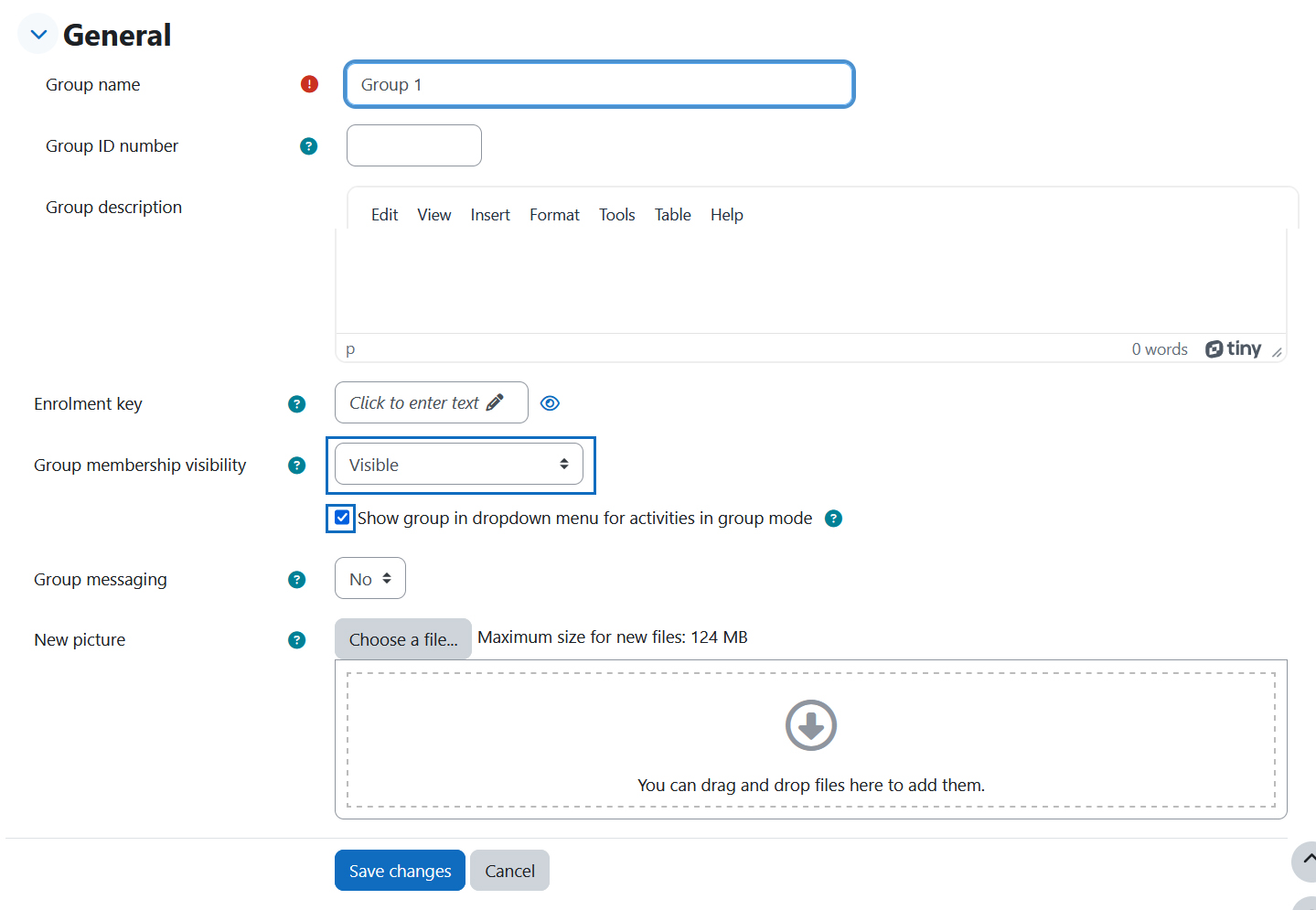 Screenshot: insert group name and make group settings