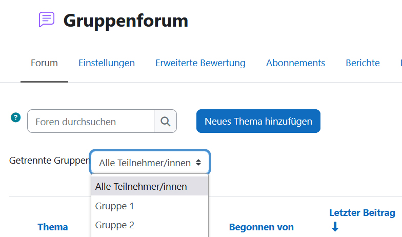 Screenshot: Nach Gruppen Filtern (am Beispiel Gruppenforum)