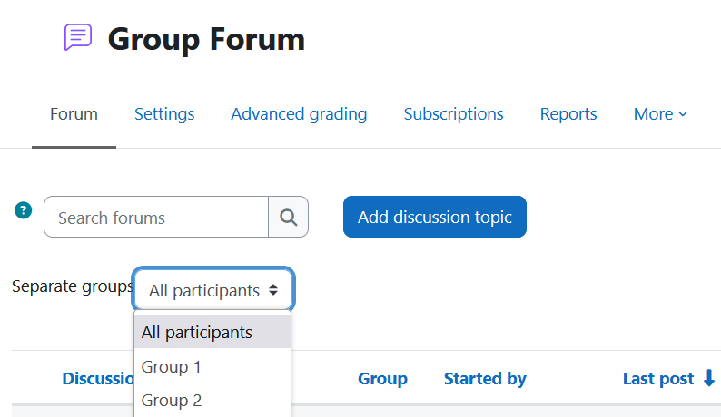 Screenshot: Filter by groups in a group forum