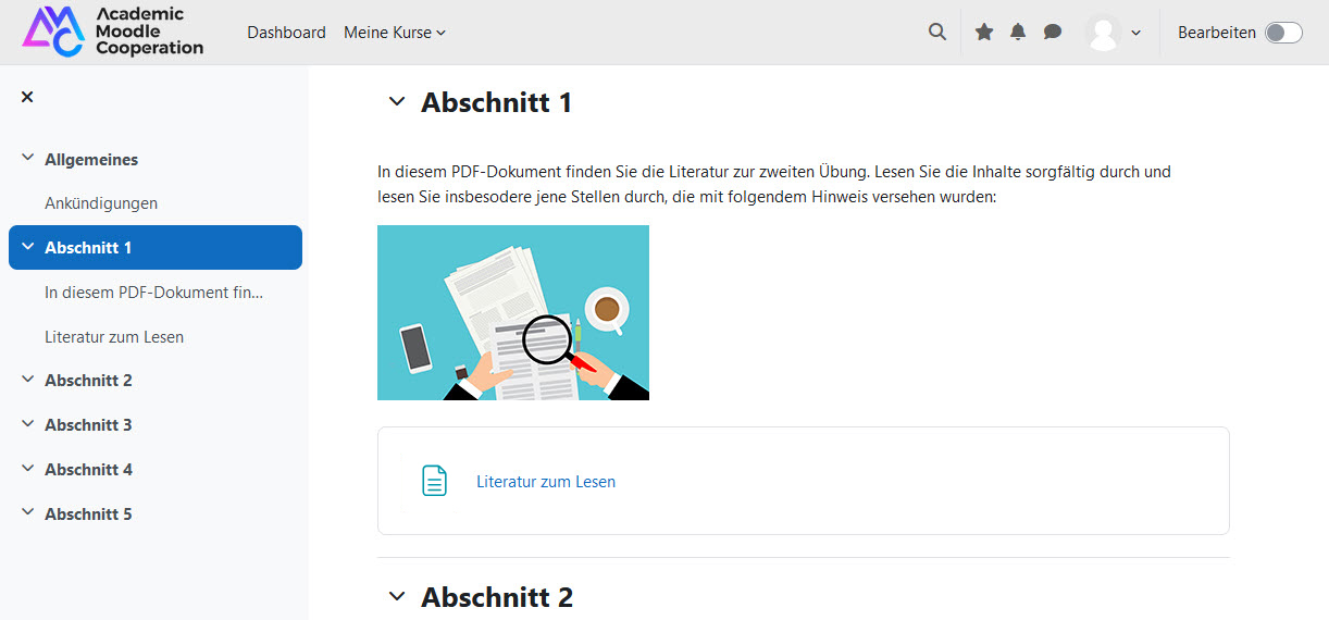 Screenshot Text- und Medienfeld direkt auf Kursseite