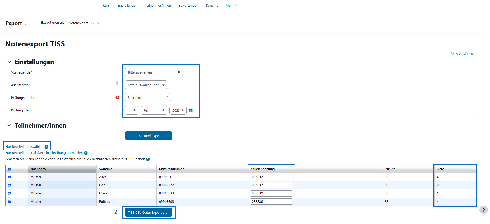 Screenshot: Prüfungsdaten eintragen und CSV File exportieren