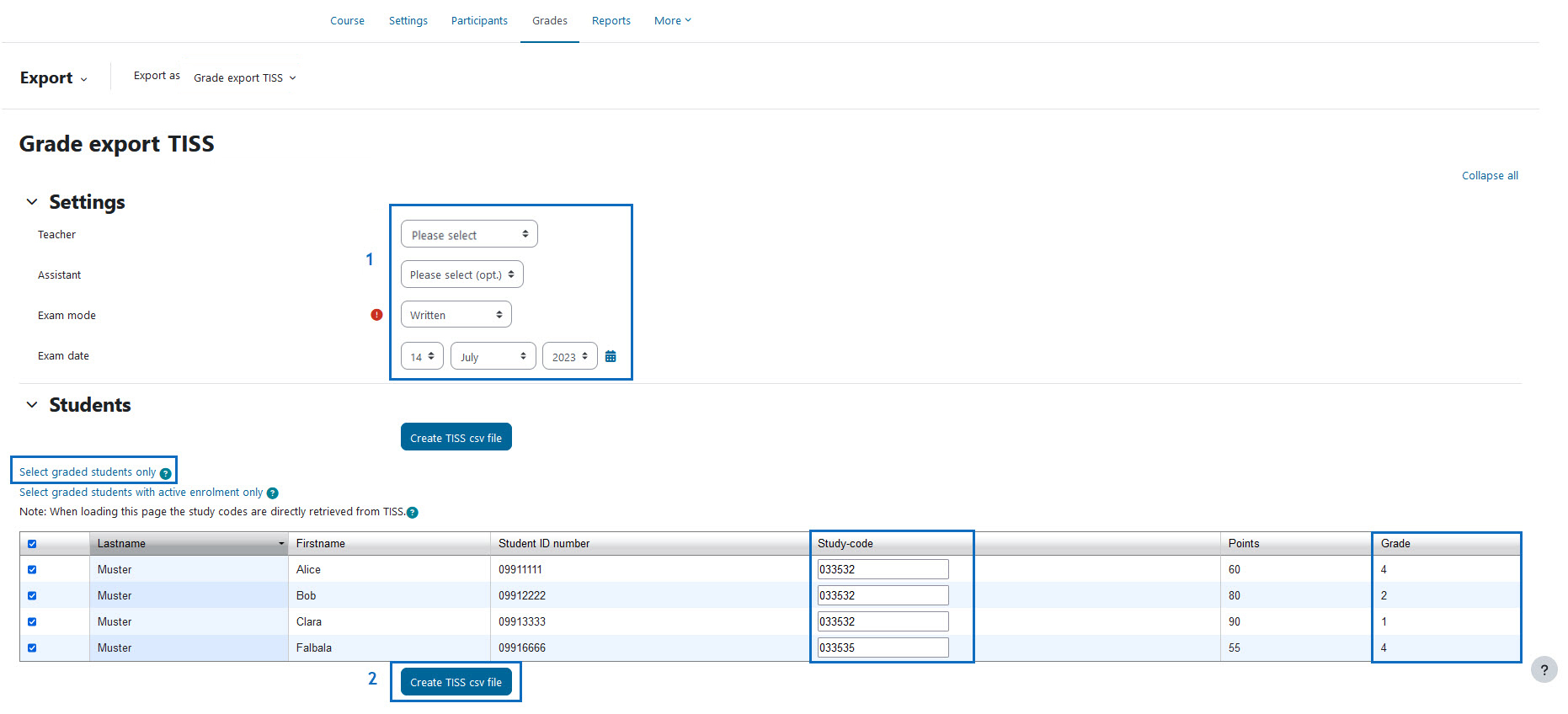 Screenshot: Add examination data and export CSV-file