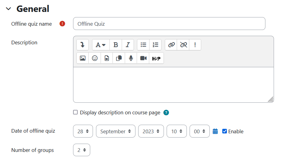 Screenshot: general settings - quiz name, date and number of groups