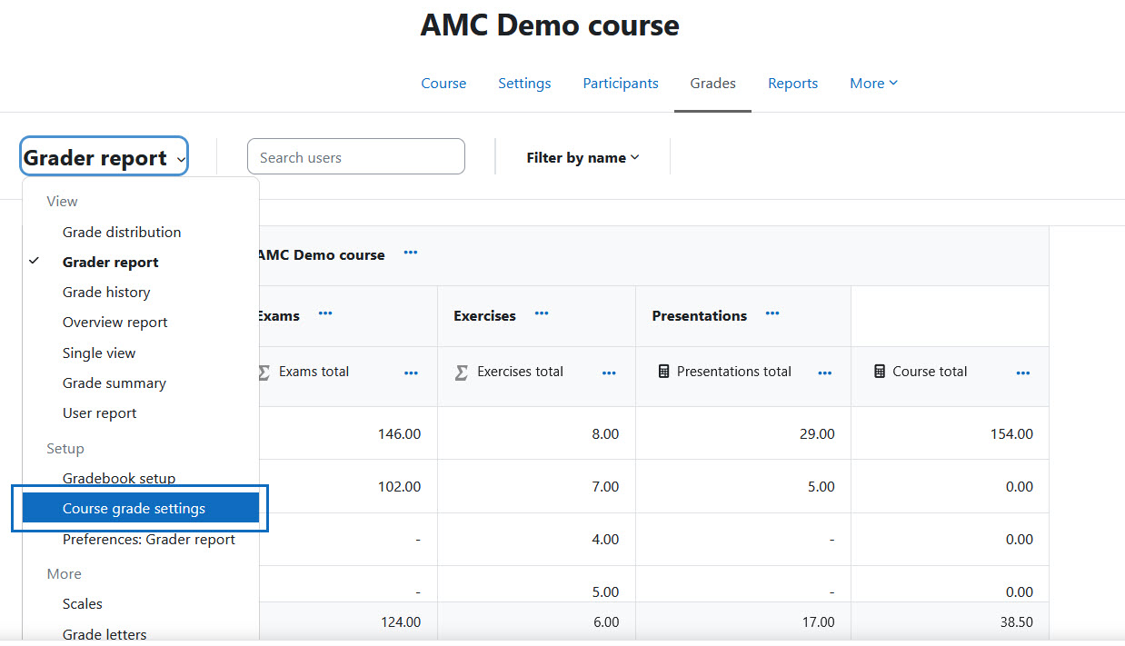 Screenshot: Call up the Course grade settings in the drop down menu