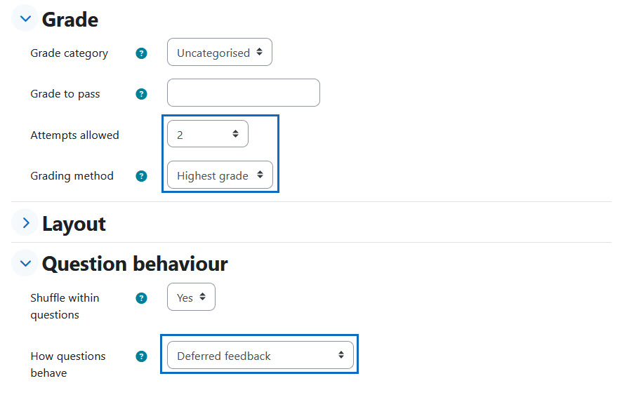 Screenshot: change the settings of the grade and the question behaviour of the quiz