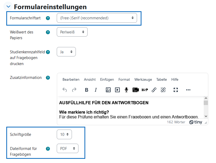 Screenshot: Einstellungen für Schriftart (PDF), Schriftgröße und Dateiformat der Fragebögen