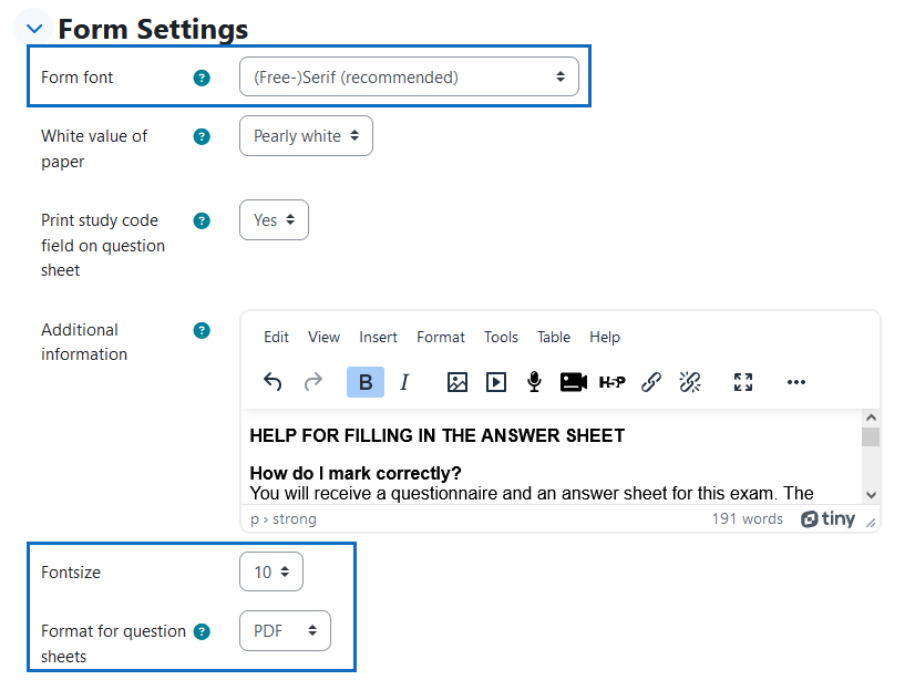 Screenshot: settings for form font (PDF), fontsize and file format of the question sheets