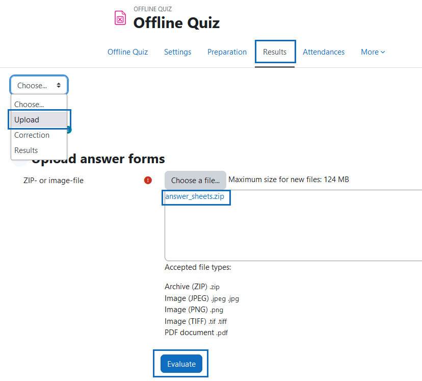 Screenshot: upload of the scanned answer forms