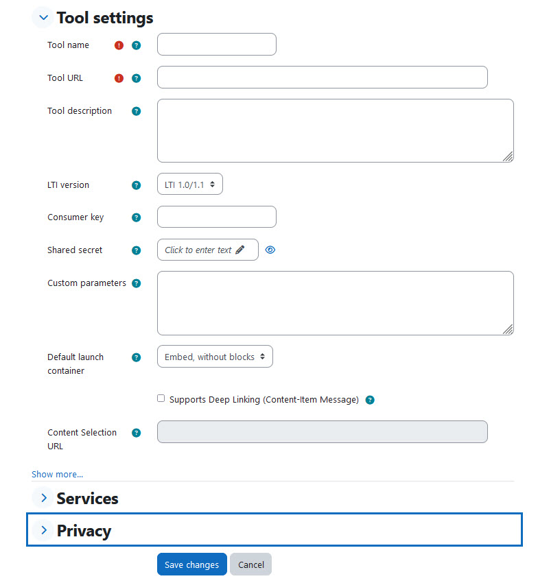 Screenshot: The settings of the new external tool can be added in the overview.