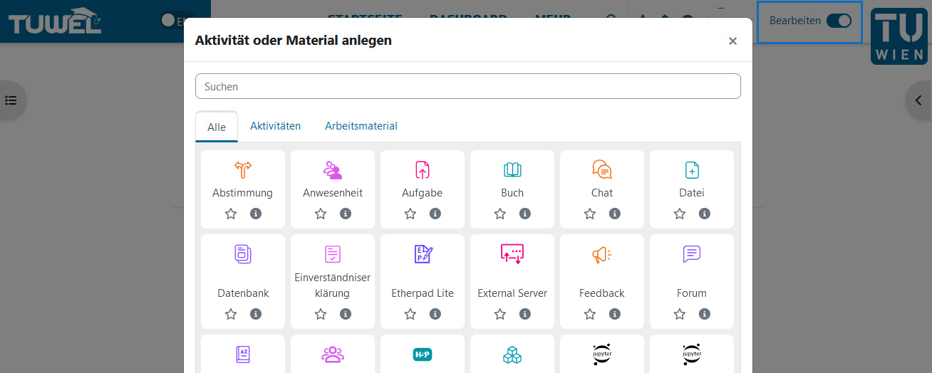 Screenshot Aktivitäten und Materialien anlegen