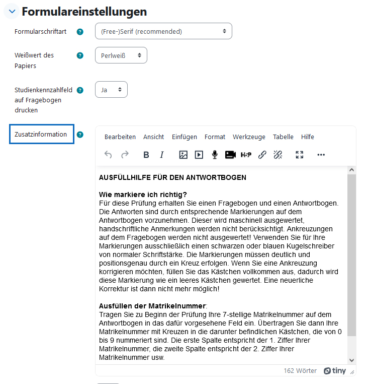 Screenshot: Formulareinstellungen - Zusatzinformation