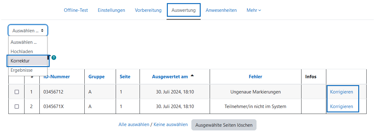 Screenshot: Liste nicht auswertbarer Antworbögen mit Korrekturlinks