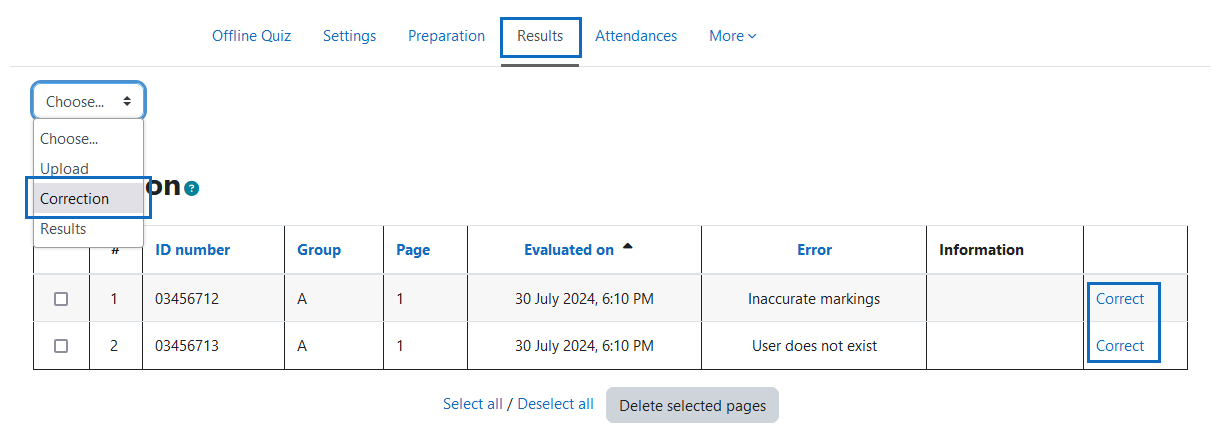 Screenshot: list of non-evaluable answer sheets with correction links