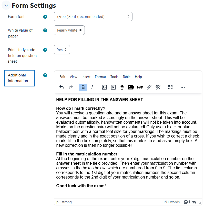 Screenshot: form settings - additional information