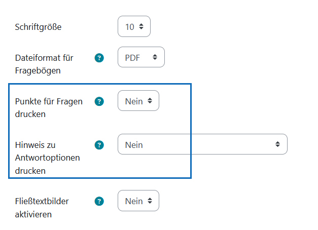 Screenshot: Einstellungen für zusätzliche Hinweise für die Studierenden