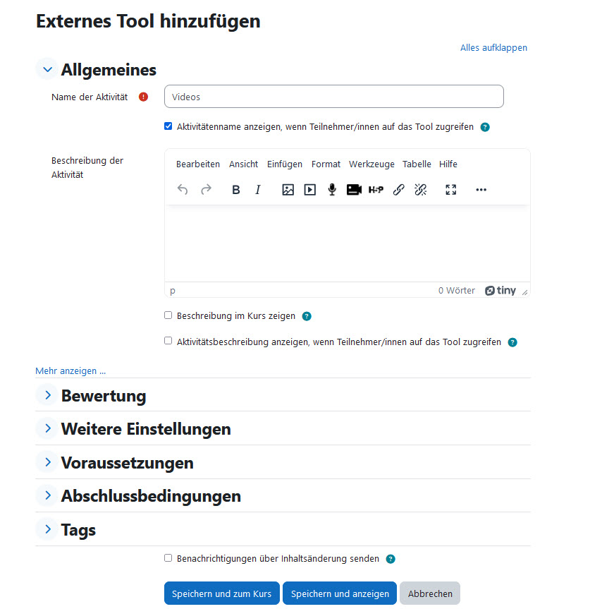 Screenshot: Die Einstellungen des externen Tools können ergänzt werden.