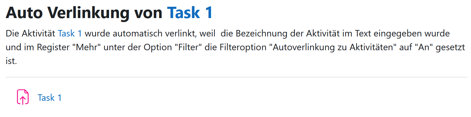 Screenshot: Autoverlinkung von Aktivitätsnamen